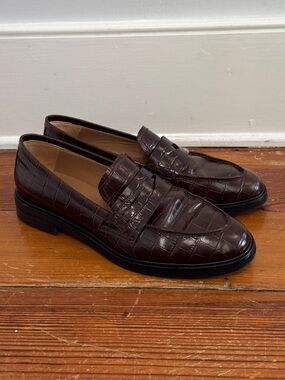 Flattered Sara Brown Croc Embossed Leather Slip On Loafers Almond Toe Size 41